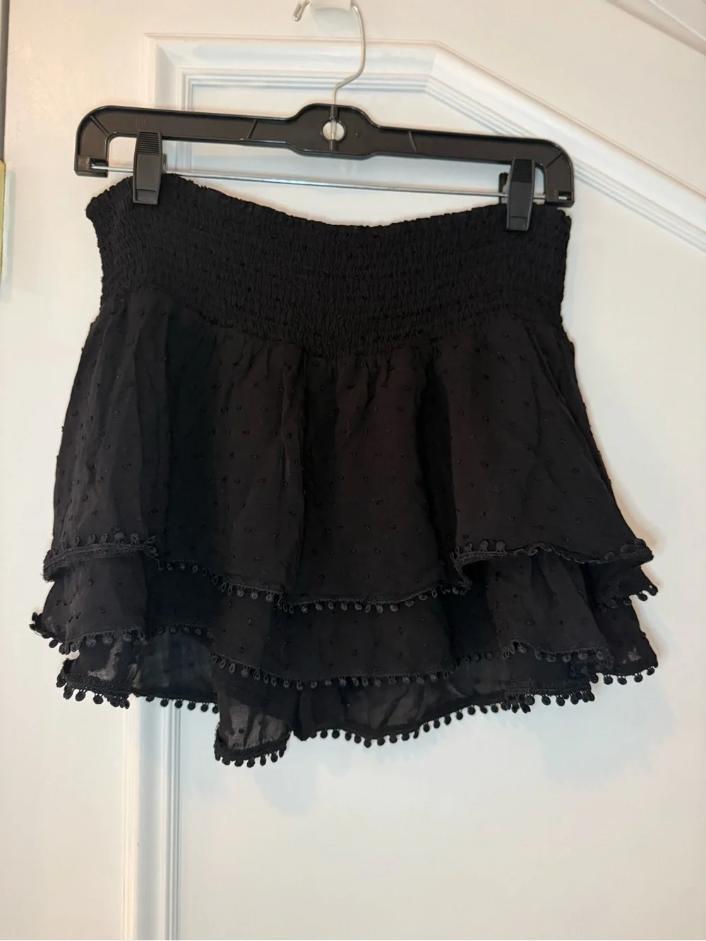 Paradise Black Smocked Ruffle Skort Hidden Shorts Pom Pom Trim L